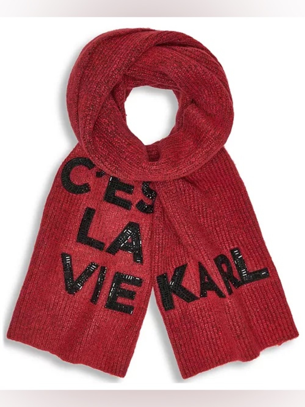 Karl Lagerfeld Red and Black Knit Scarf with Logo Detail